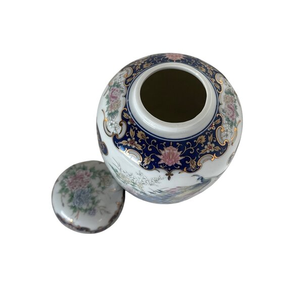 vintage Porcelain Ginger Jar Peacock & Floral Design Lid Blue/Gold Accents Asian - Picture 8 of 9
